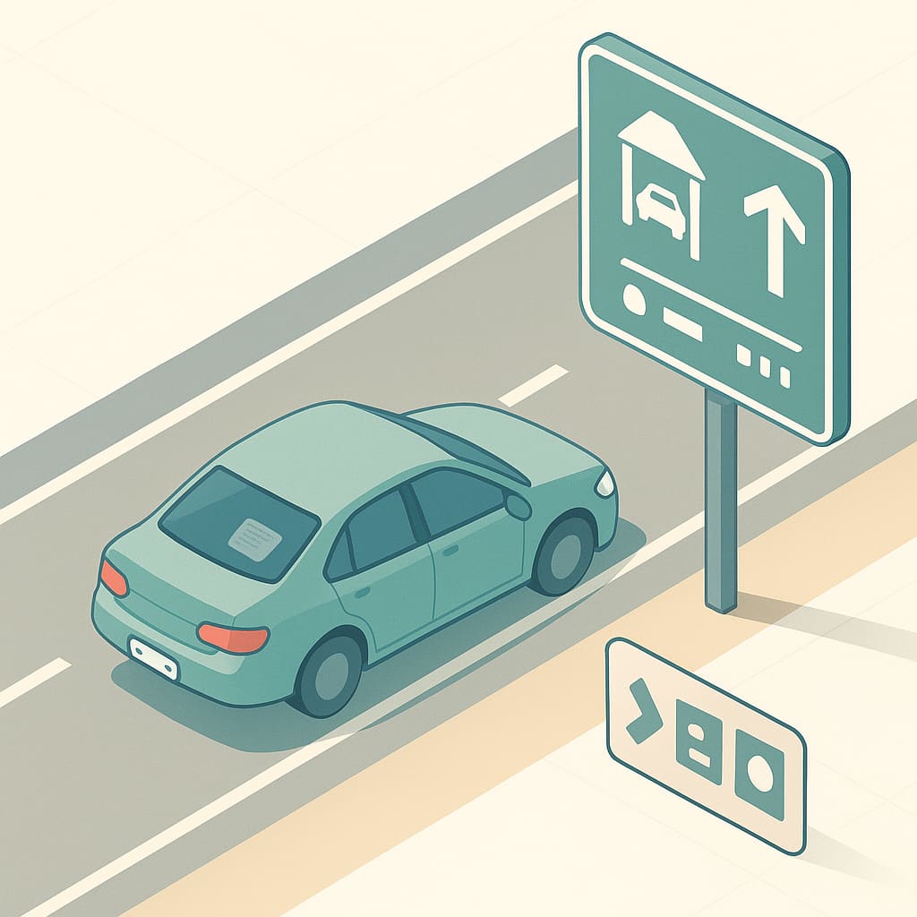 Isometrische Darstellung einer österreichischen Autobahnvignette mit Fahrzeug und digitaler Kennzeichenprüfung