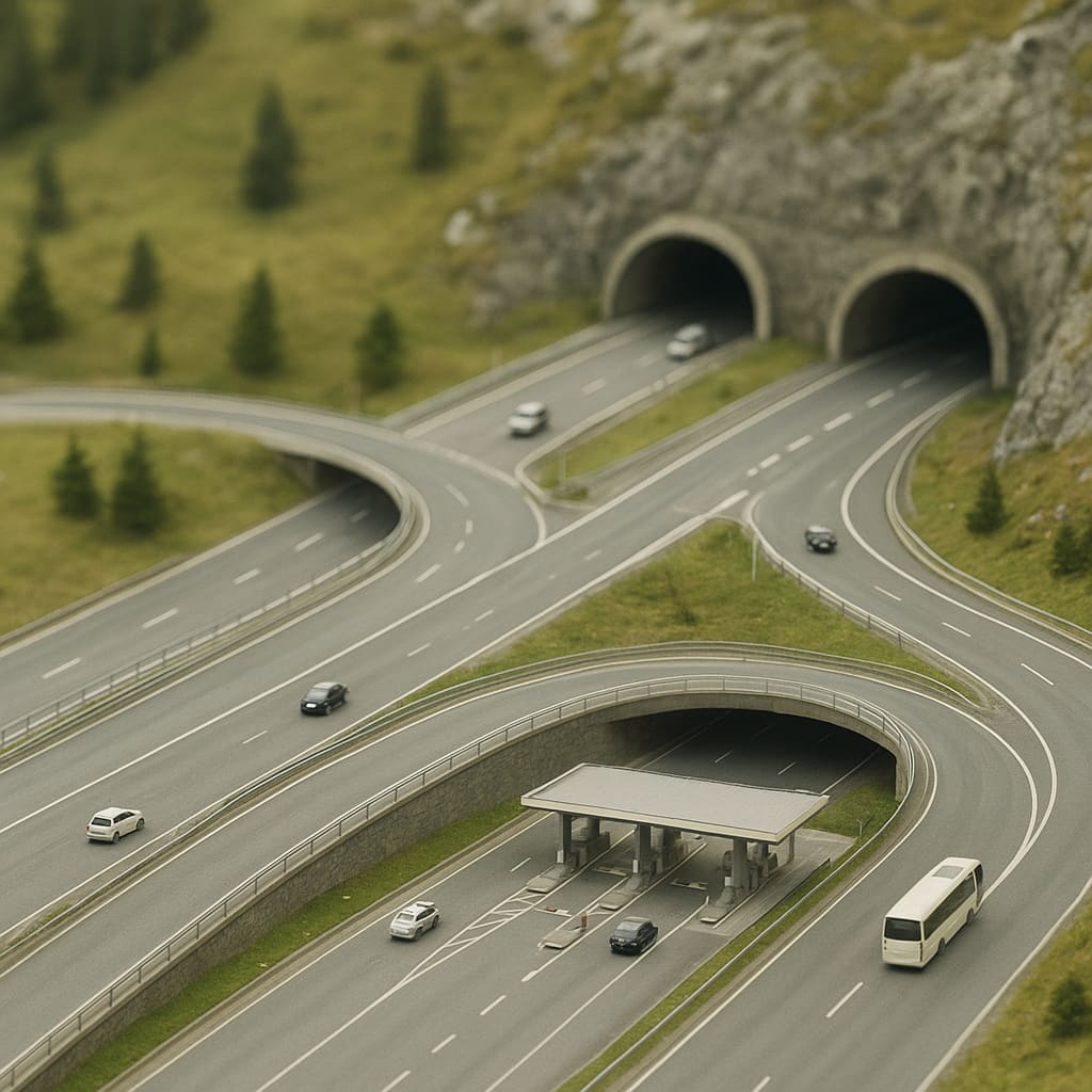 Tilt-Shift-Fotografie einer österreichischen Alpenautobahn mit Tunnel- und Mautkontext