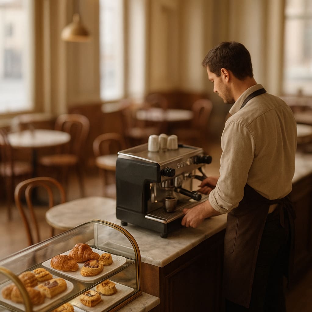 Helles Caféinterieur in Wien mit Barista und Espressomaschine
