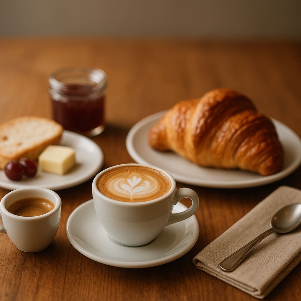 Espresso, Cappuccino, Croissant und Frühstück auf einem Cafétisch